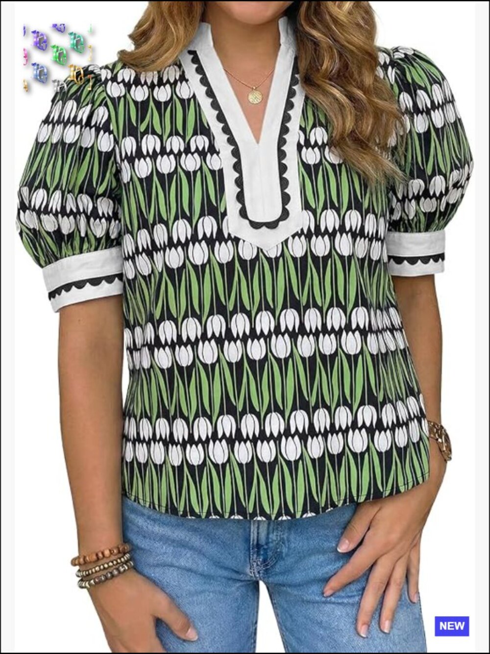 Puff Sleeve Floral Blouse V Neck Dressy Casual Summer Top Loose Fit Tee